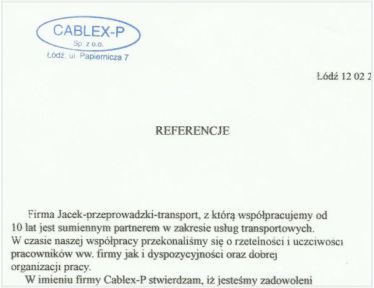 referencje dla firmy Jacek Przeprowadzki z Łodzi